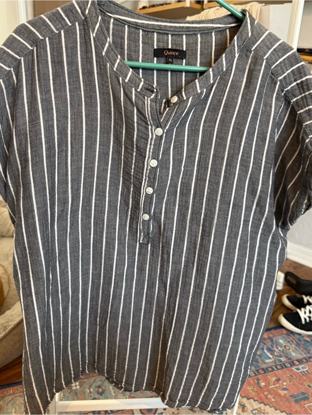 Quince Charcoal Gray and White Striped Short-Sleeve Top